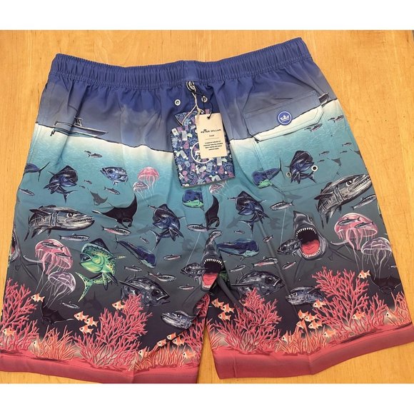 Peter Millar Men's NWT Ocean Traffic Swim Trunks Shark Fish Island Blue … - Picture 2 of 9